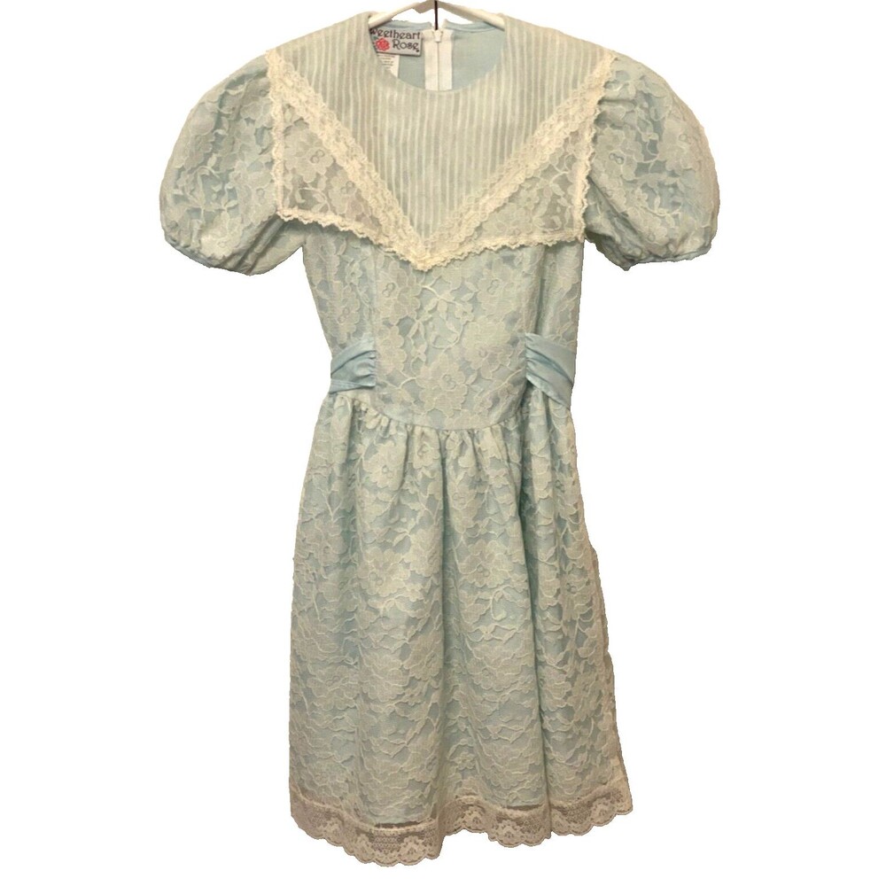 Vtg SWEETHEART ROSE Girls 7 Dress Blue Lace Flower Spring Easter Prairie USA